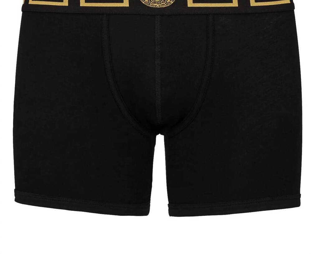 NEW VERSACE men's long trunk with greca border in black/gold